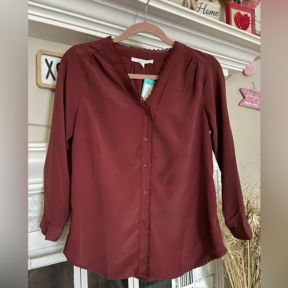 NWT Fun2fun Burgundy Button Front Blouse Size XS
